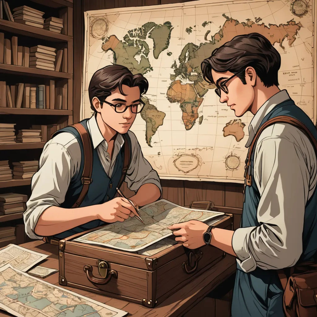 two men are looking at a map while writing something on a piece of paper in a library with a map on the wall, analytical art, a comic book panel, Brothers Hildebrandt, cushart krenz