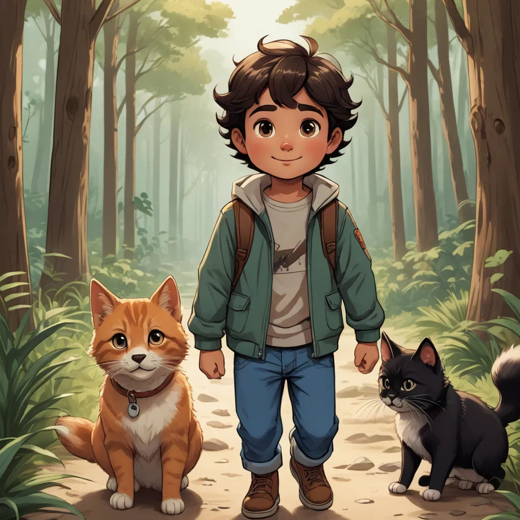 a boy and a cat in a forest with a forest background and a path leading to the woods with trees, furry art, a storybook illustration, Diego Gisbert Llorens, key art