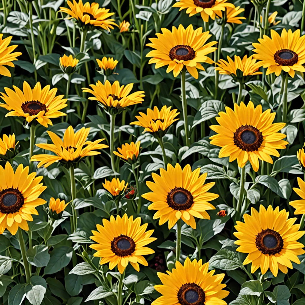 a field of sunflowers with a bee on the center of the flower and leaves on the bottom, color field, a jigsaw puzzle, Dennis Ashbaugh, summer vibrancy