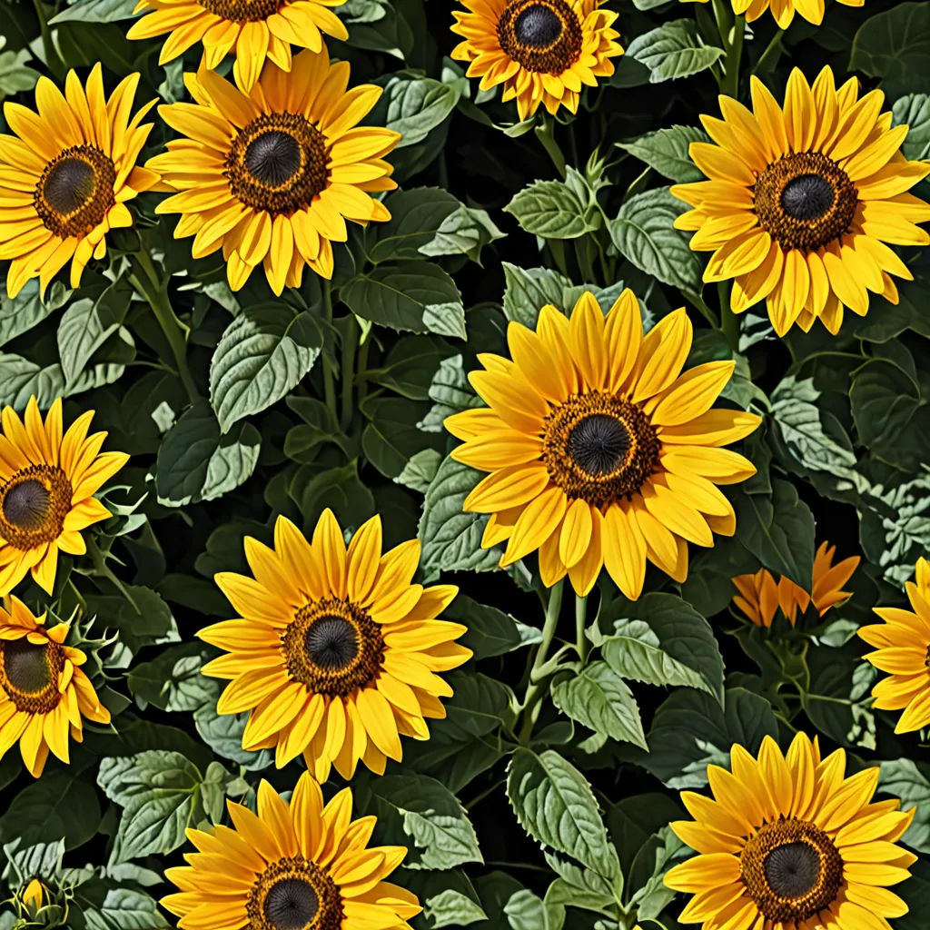 a large group of sunflowers with green leaves on them, in a field of sunflowers, color field, a jigsaw puzzle, Bernd Fasching, summer vibrancy