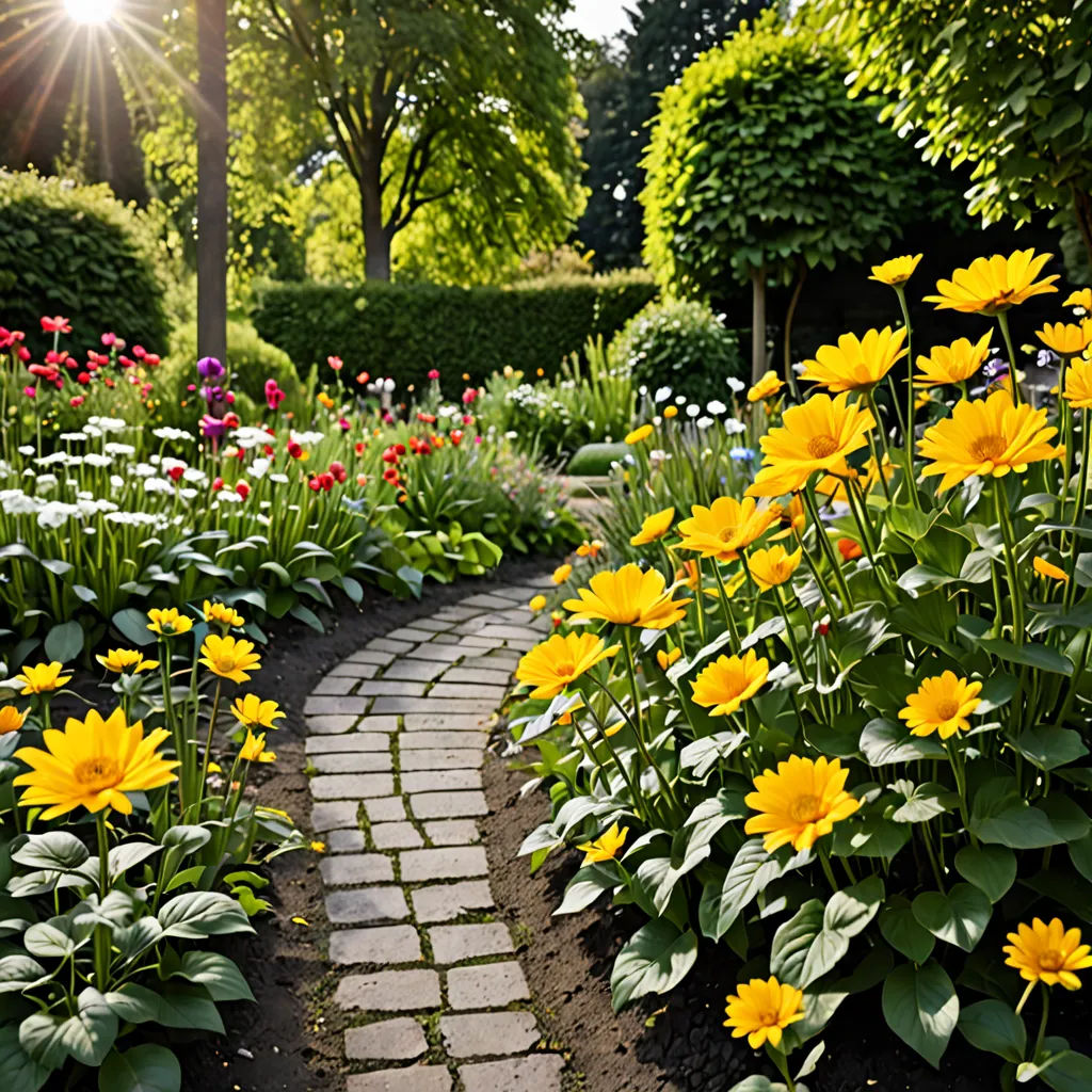 a garden with a path made of bricks and flowers in the foreground and trees in the background, with sun shining through the trees, naturalism, a digital rendering, Dennis Ashbaugh, beautiful landscape