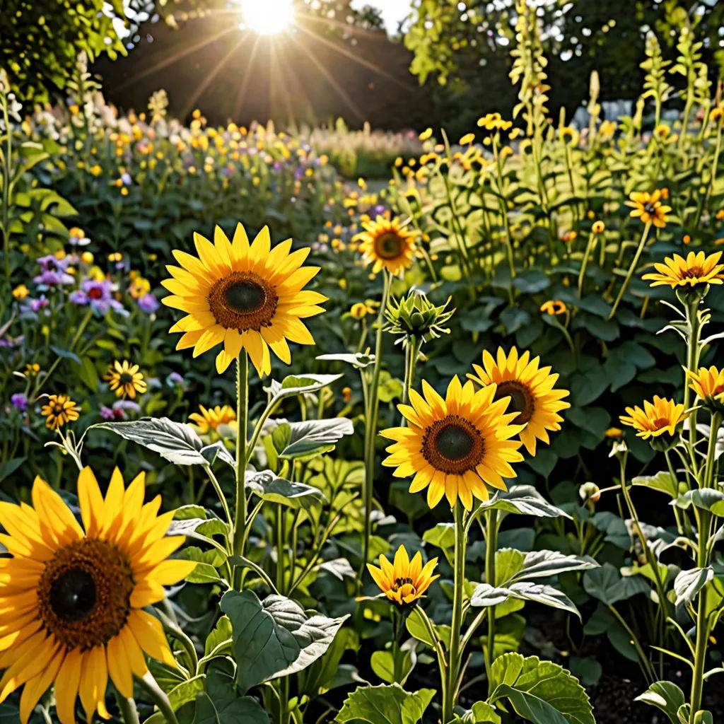 a field of sunflowers with the sun shining through the trees in the background, with a field of flowers in the foreground, naturalism, a jigsaw puzzle, Dennis Ashbaugh, summer vibrancy