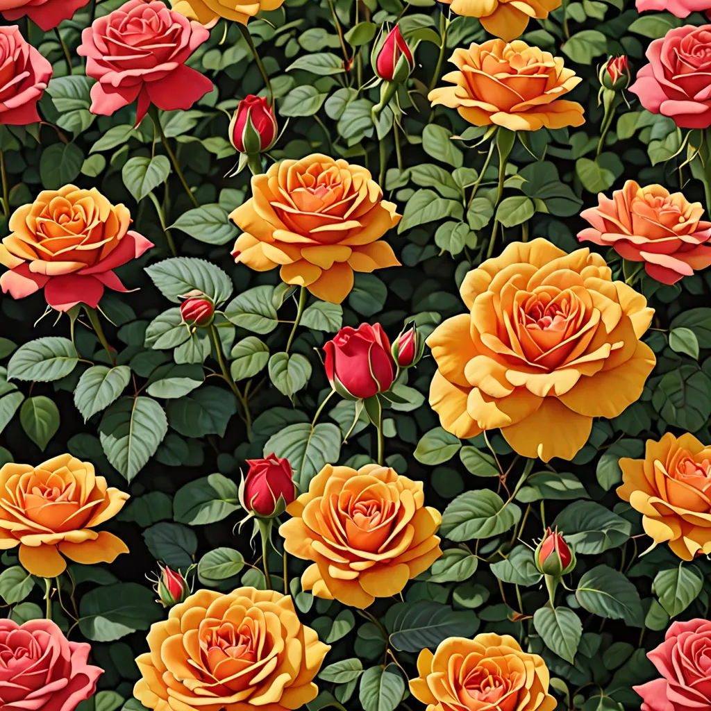 a bunch of flowers that are in the grass together with leaves and flowers in the background, all of which are yellow and red, rococo, a digital rendering, Anne Dunn, roses