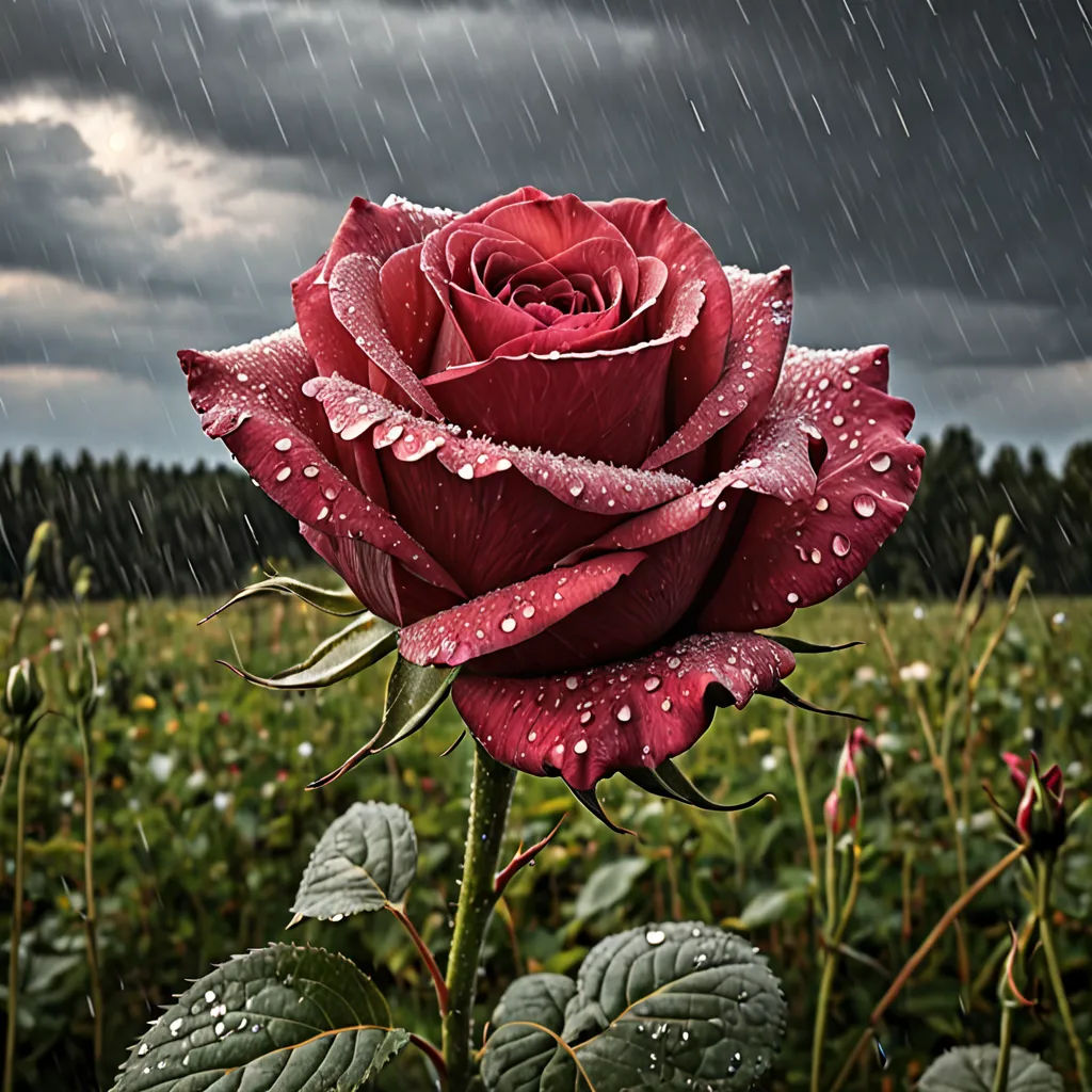 a red rose with rain drops on it in a field of flowers with a dark sky in the background, neo-romanticism, a picture, Carlos Trillo Name, rain