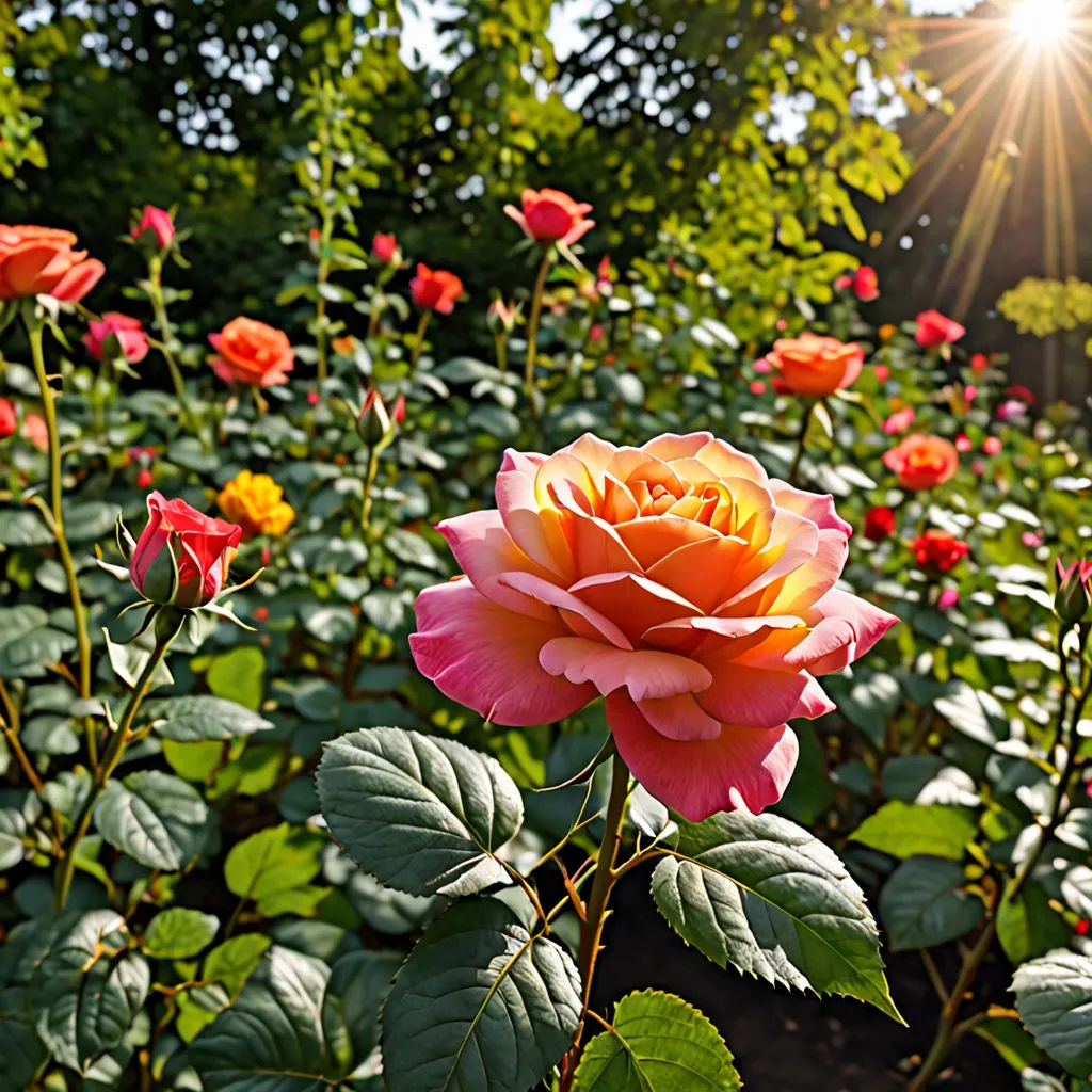 a field of red and yellow roses with the sun shining through the trees in the background, with a green leafy area in the foreground, naturalism, a jigsaw puzzle, Dennis Ashbaugh, roses