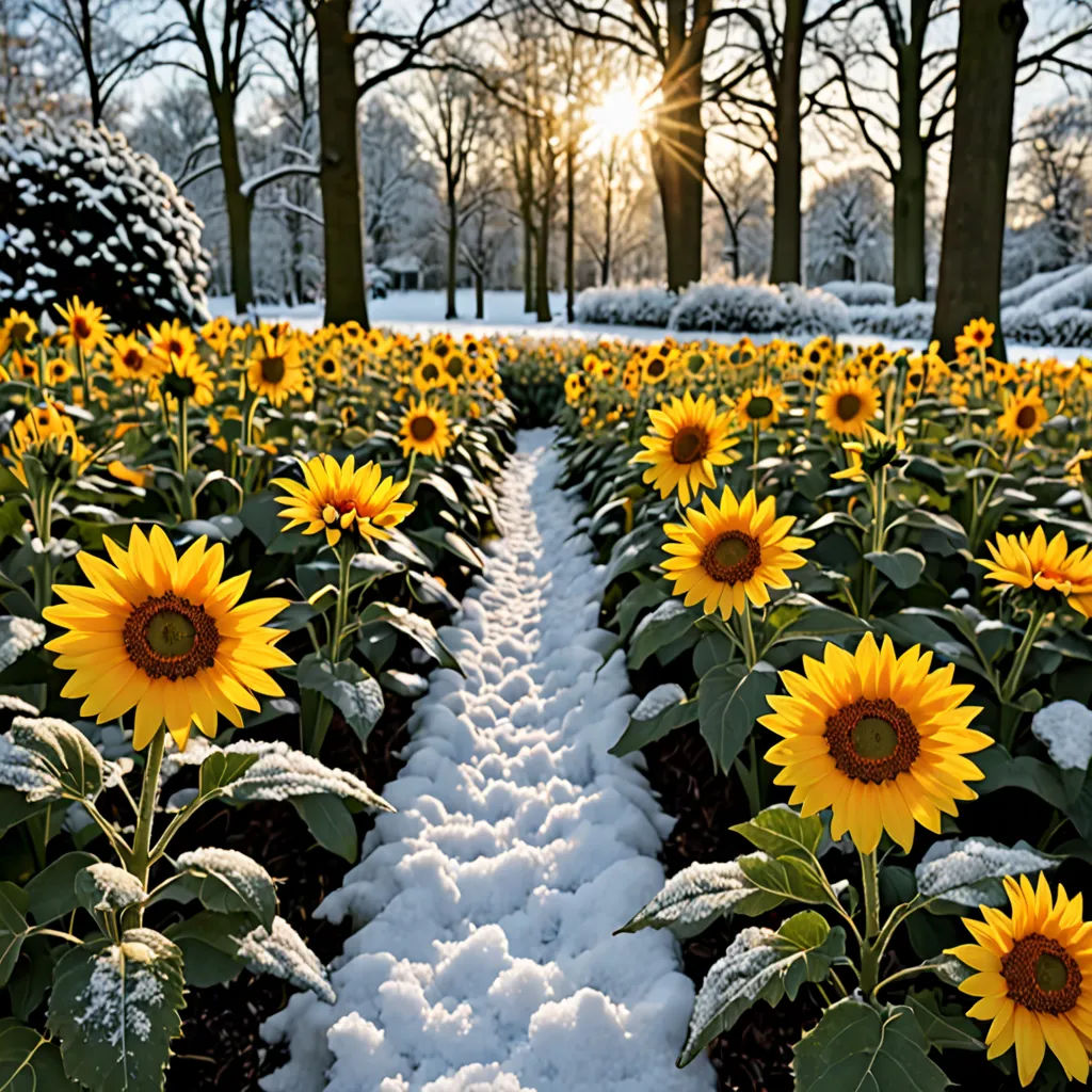 a field of sunflowers in the snow with trees in the background and a path leading to them, ecological art, a jigsaw puzzle, Cindy Wright, winter