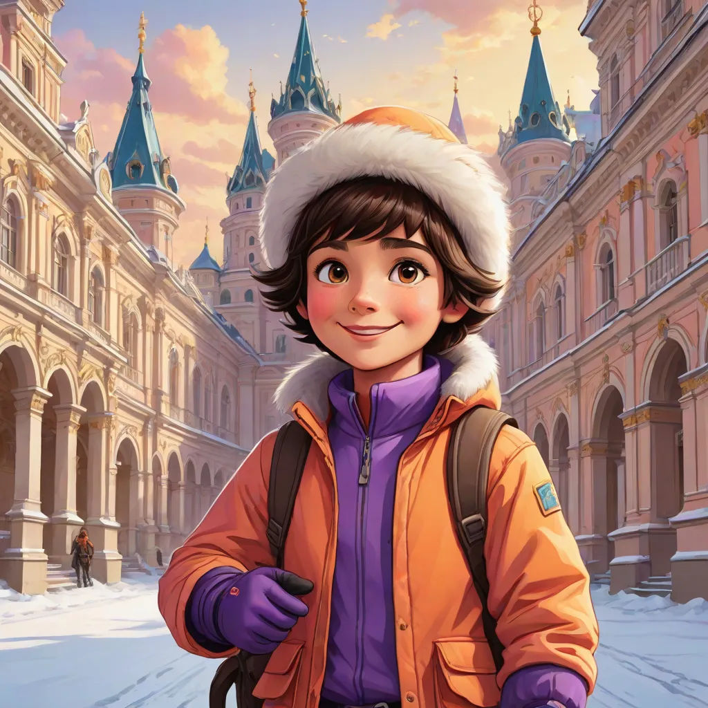 a cartoon character in a winter coat and hat standing in front of a castle with a backpack on his shoulder, disney, paris school, a character portrait, official art