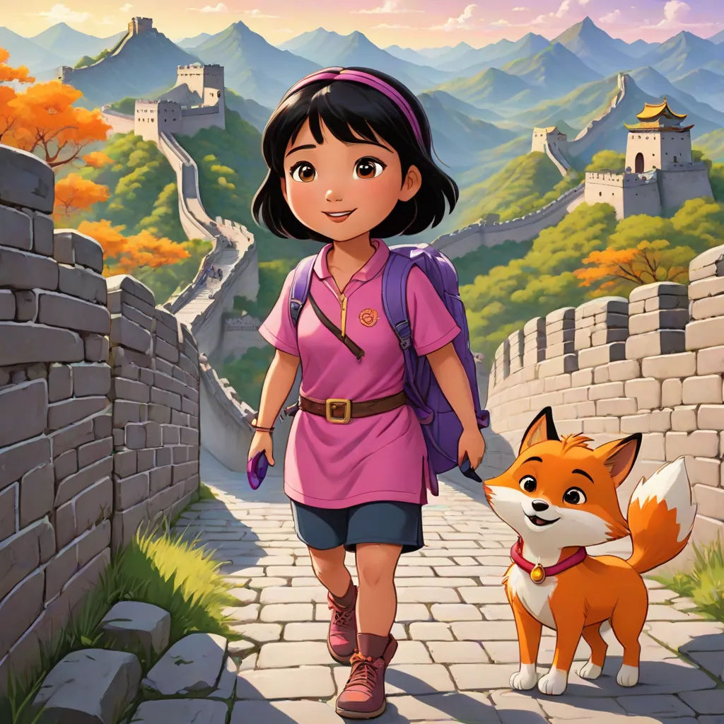 a cartoon girl walking down a path with a dog on a leash next to her and a great wall in the background, Chen Chi, furry art, a storybook illustration, official art