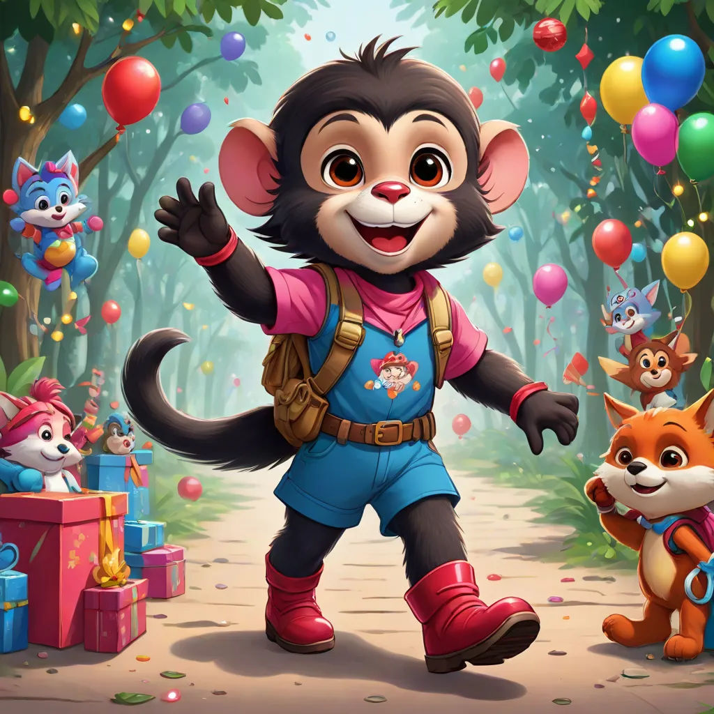 a cartoon monkey is standing in the middle of a forest with balloons and gifts in the background and a bunch of animals, Chris LaBrooy, furry art, a character portrait, promotional image