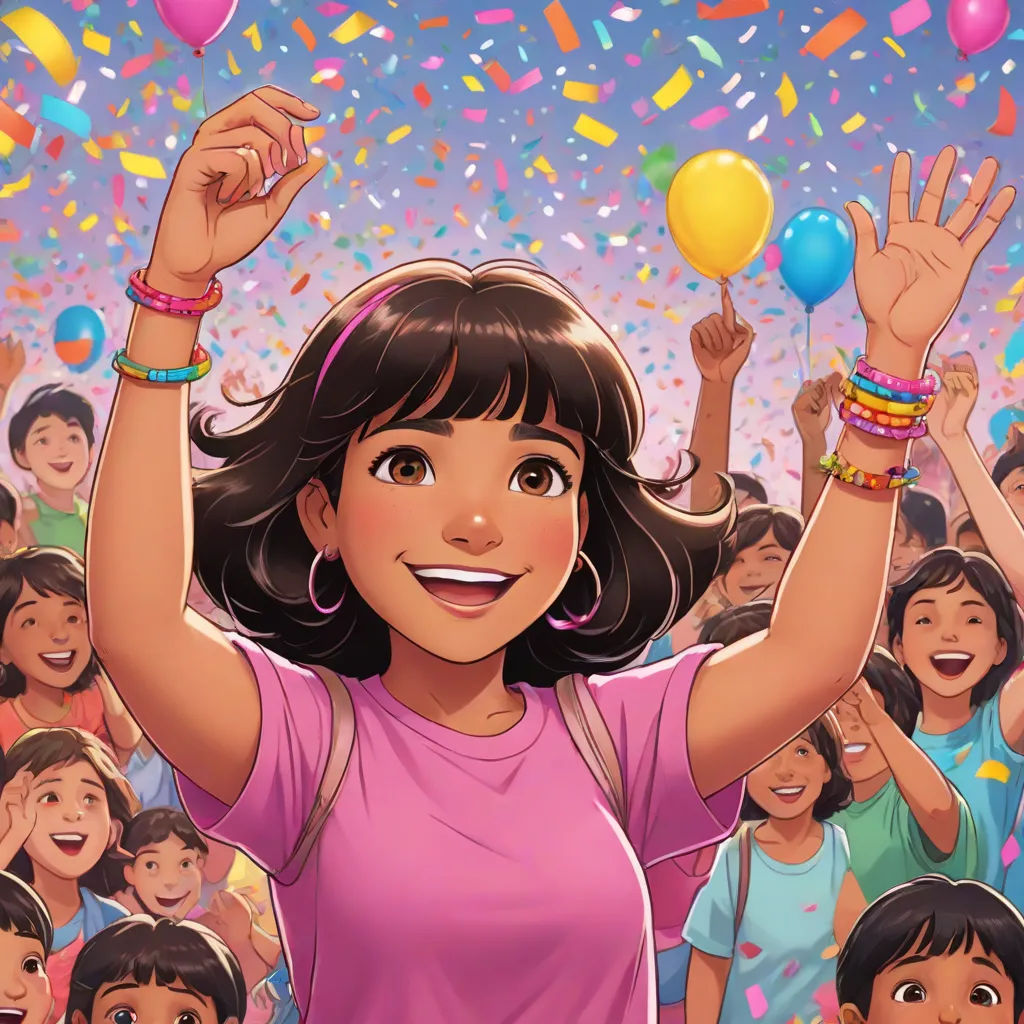 a woman holding a bunch of balloons in front of a crowd of people with confetti on their hands, Ada Gladys Killins, excessivism, a storybook illustration, comic cover art