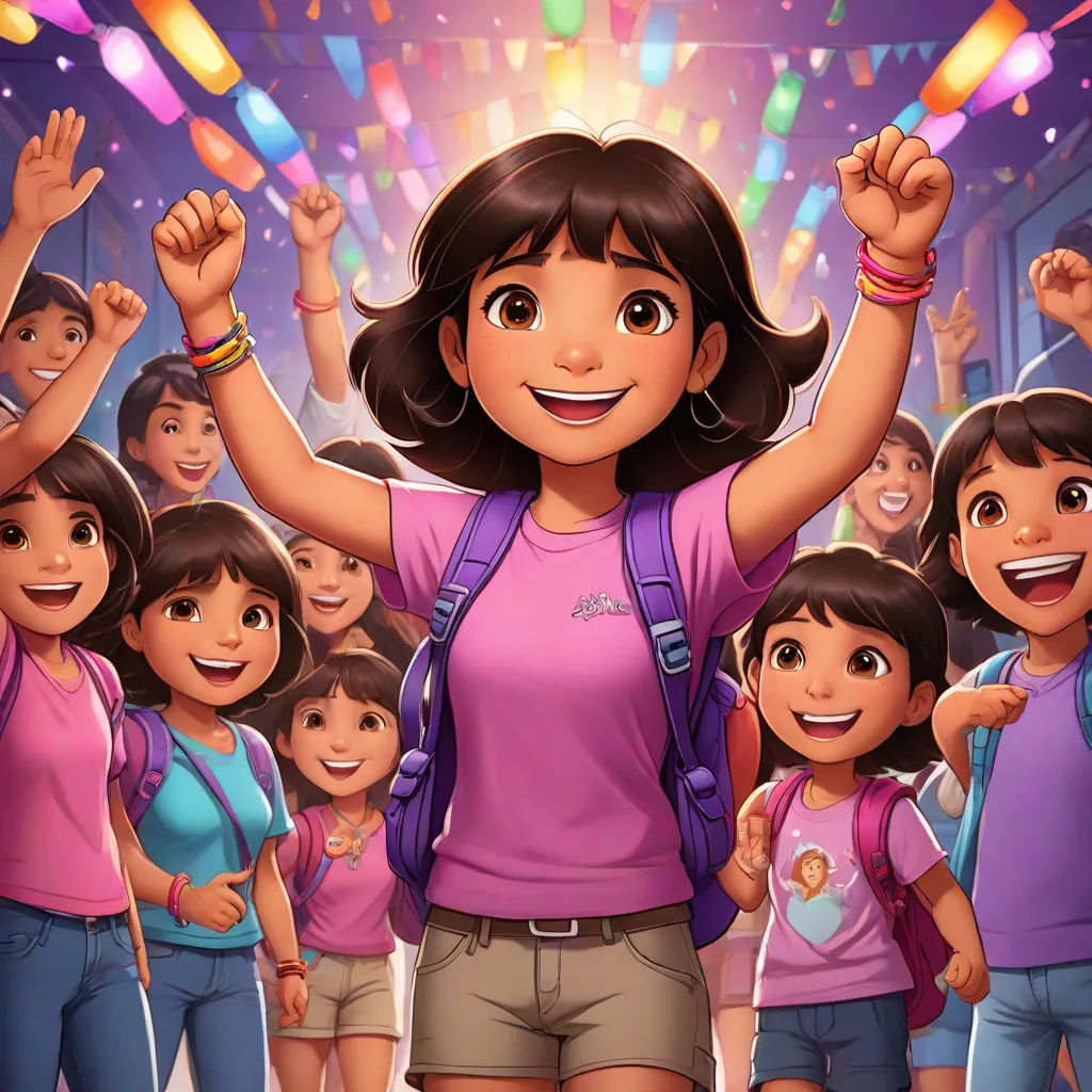 a girl with a backpack and a group of children in a hallway with lights and confetti on the ceiling, disney, furry art, a stock photo, official art