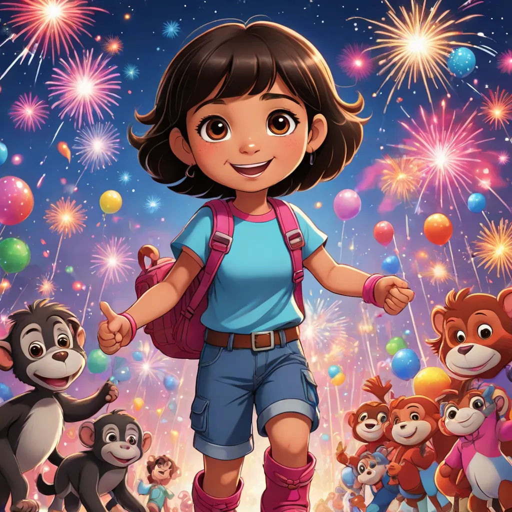 a girl is walking through a field with many animals and balloons in the background, and a bunch of fireworks, disney, furry art, poster art, promotional image