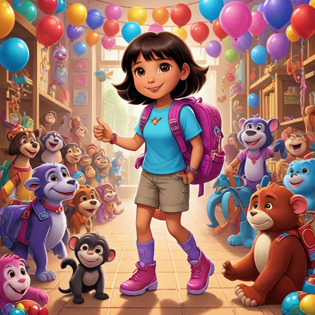 a cartoon girl with a backpack and many stuffed animals in a store with balloons and balloons in the background, Ella Guru, furry art, a character portrait, promotional image
