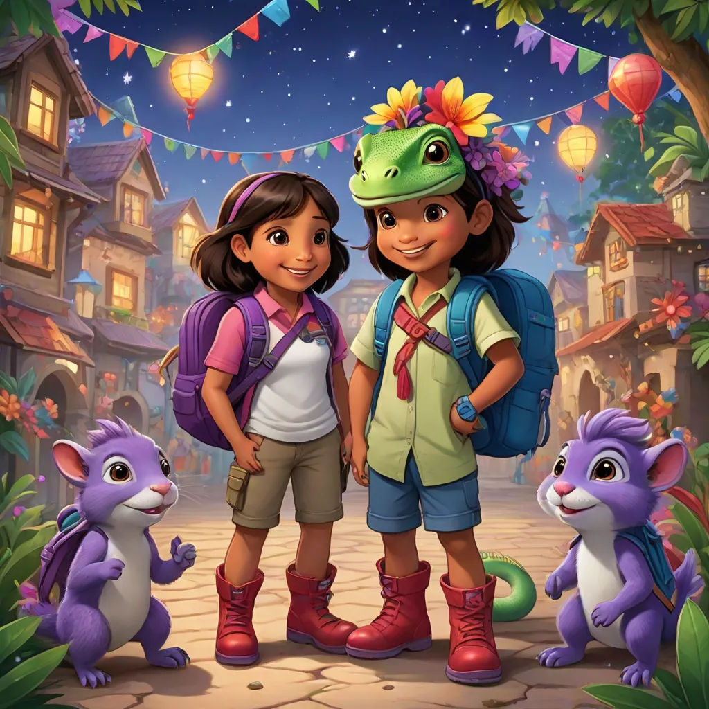 a cartoon of two children standing next to each other in front of a night scene with a dragon and a girl, disney, sots art, a storybook illustration, promotional image