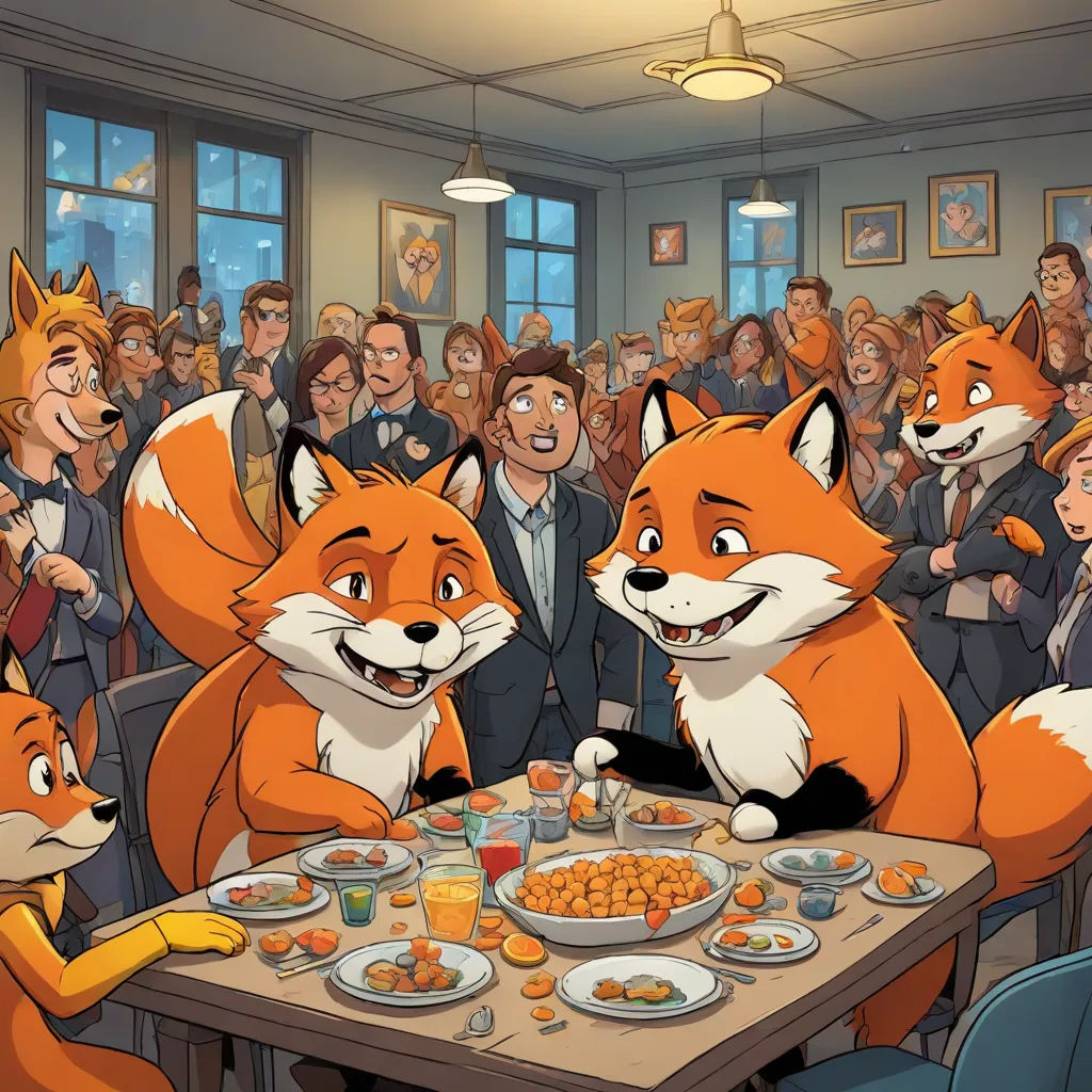 a group of people are standing around a table with foxes on it and a man is sitting at the table, Bourgeois, furry art, a comic book panel, official art