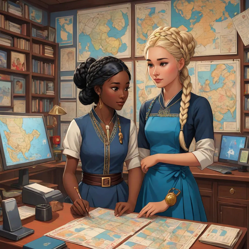 a painting of two women standing in front of a map in a library with a map on the desk, Ada Gladys Killins, sots art, a detailed painting, official art