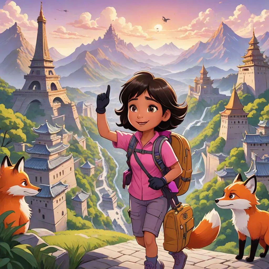 a girl with a backpack and a backpack is standing in front of a mountain and a castle with a fox, Cliff Childs, fantasy art, a storybook illustration, promotional image
