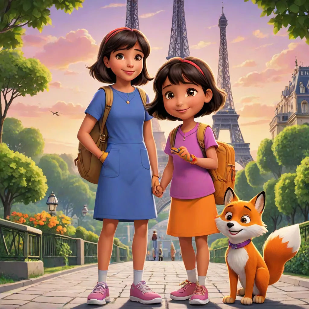 a cartoon picture of two girls and a dog in front of the eiffel tower in paris, france, disney, paris school, a poster, promotional image