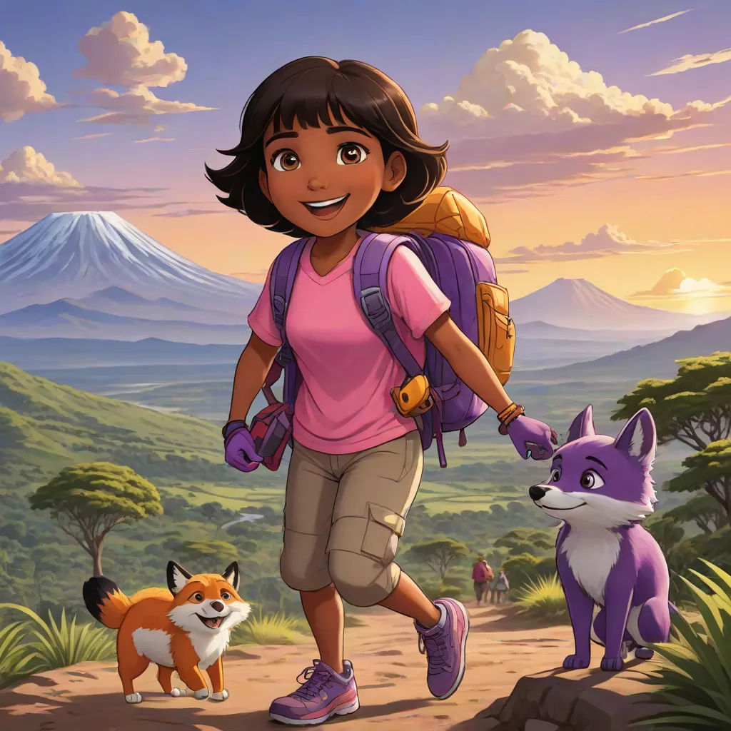 a girl with a backpack and two dogs on a trail in the mountains with a mountain in the background, Ada Hill Walker, sots art, a character portrait, promotional image