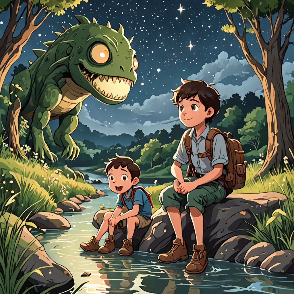 a boy and a boy sitting on a rock near a river with a dragon in the background and a boy sitting on a rock, fantasy art, a storybook illustration, Adam Rex, storybook illustration
