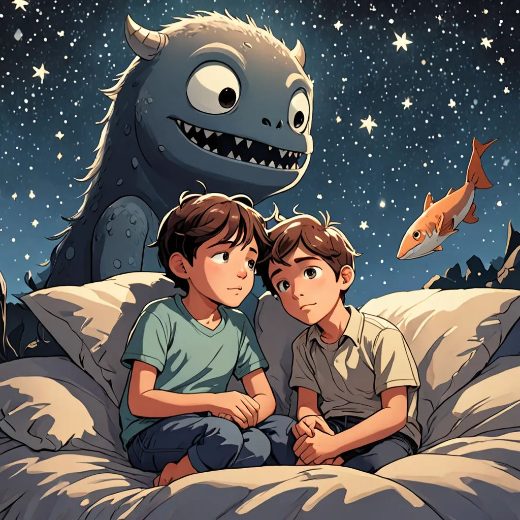 two children sitting on a bed with a monster in the background and a fish in the foreground, and a fish in the foreground, fantasy art, a storybook illustration, Diego Gisbert Llorens, storybook illustration