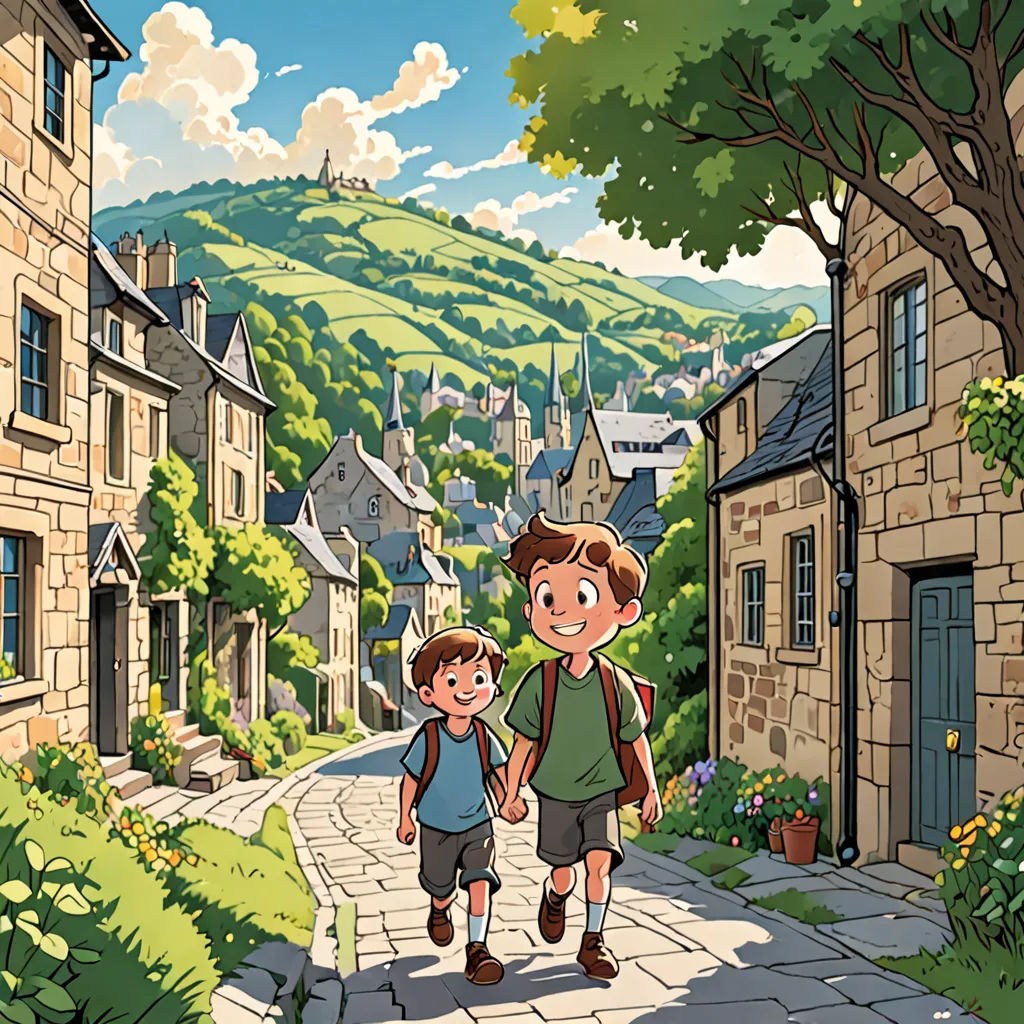 a boy and a boy walking down a street in a village with a mountain in the background and a town with a green hillside, paris school, a storybook illustration, Brothers Hildebrandt, official art