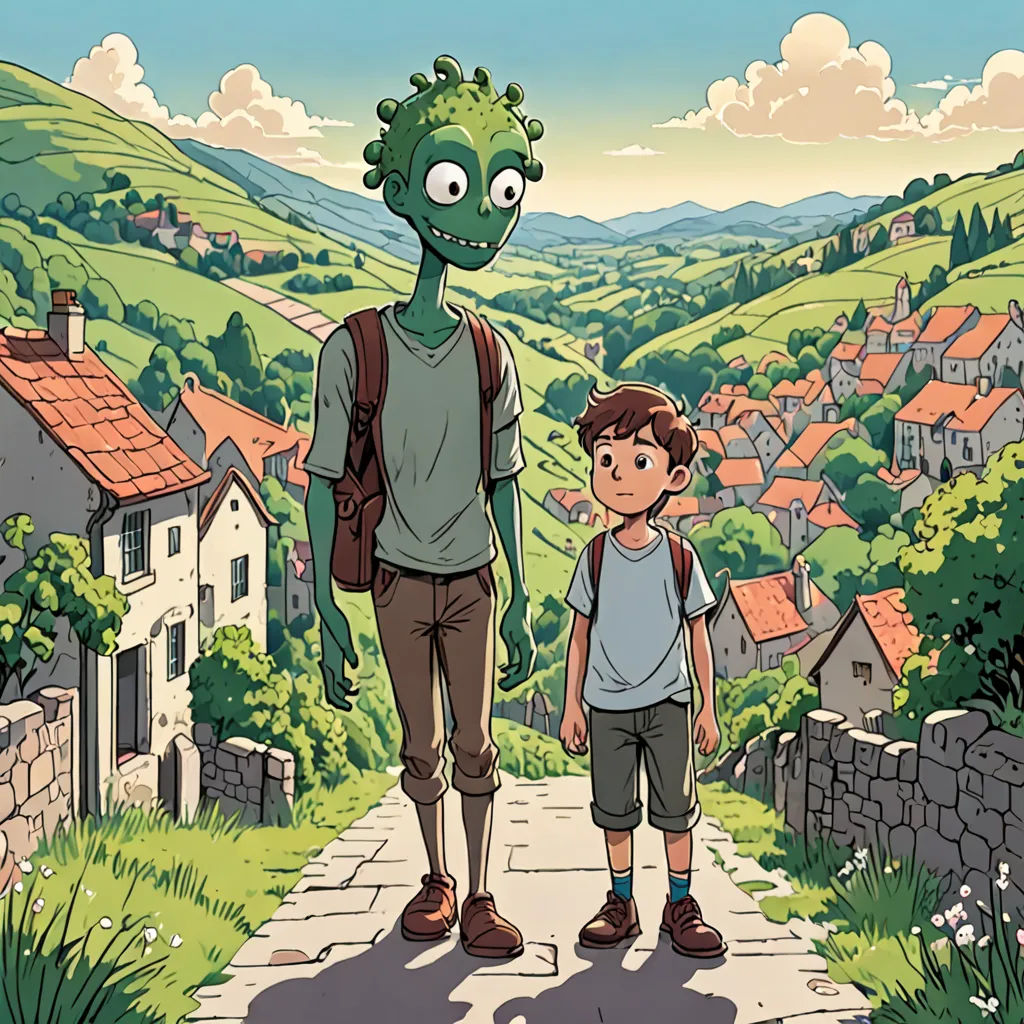 a man and a boy standing on a road with a cartoon of a green monster on the back of them, art & language, a comic book panel, Asaf Hanuka, official art