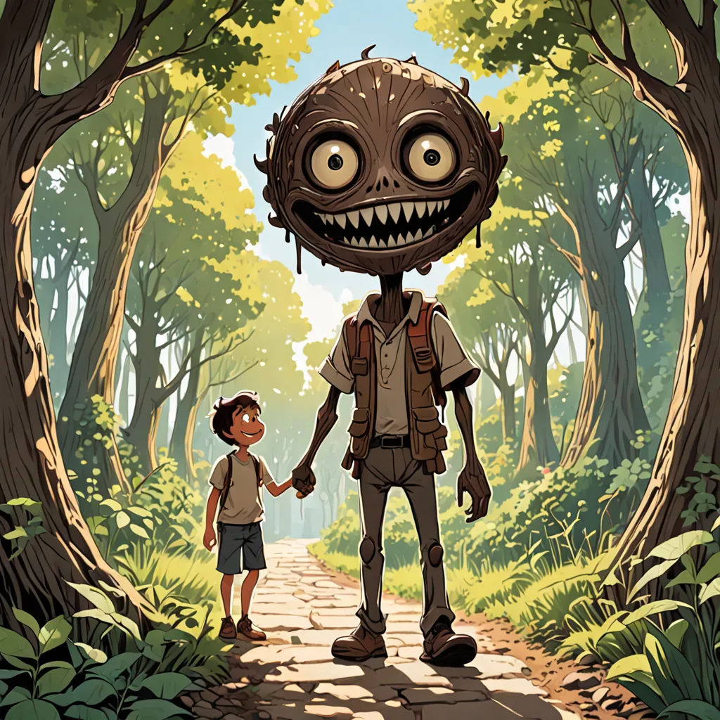 a cartoon of a boy and a monster holding hands in a forest with a tree trunk and a path, sots art, poster art, Diego Gisbert Llorens, official art