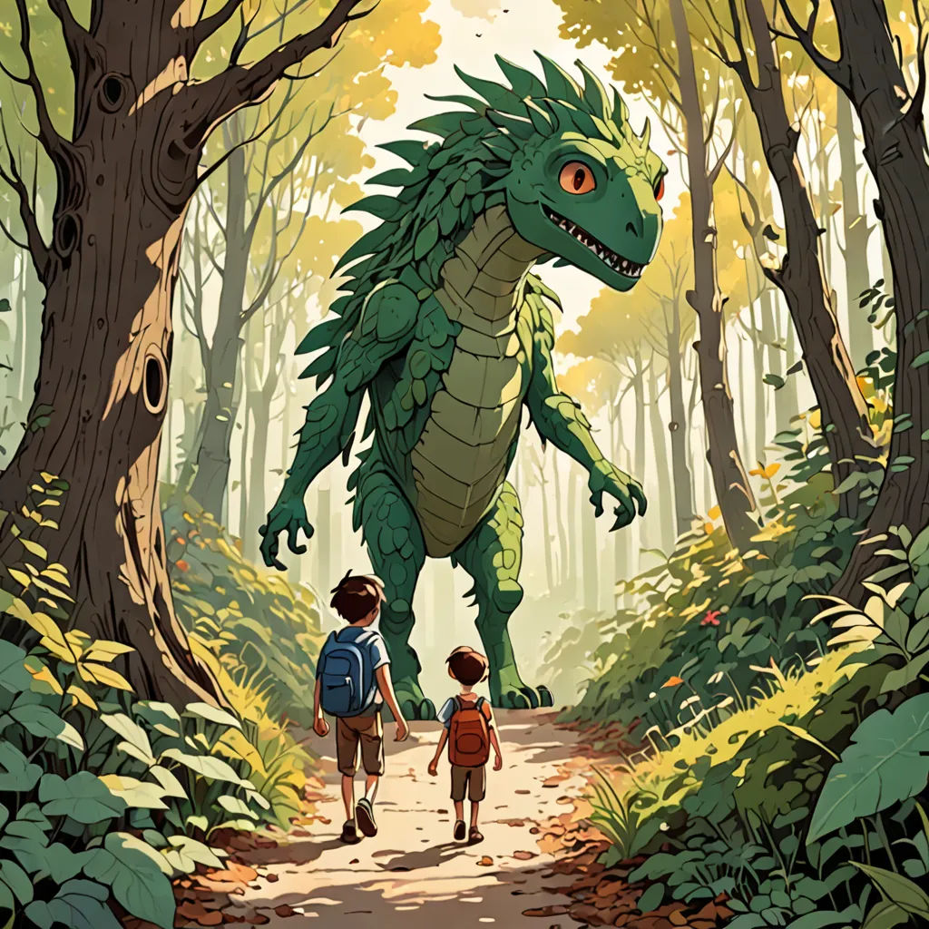 a boy and a girl walking down a path in the woods with a large green dragon on their back, process art, a storybook illustration, Adam Rex, rossdraws global illumination