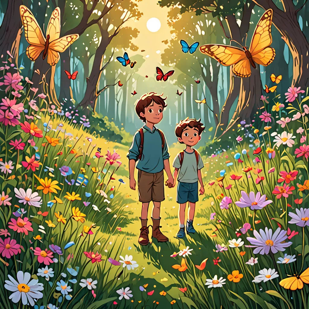 a boy and a boy are walking through a forest with butterflies flying overhead and a sun shining through the trees, magical realism, a storybook illustration, Aaron Jasinski, official art