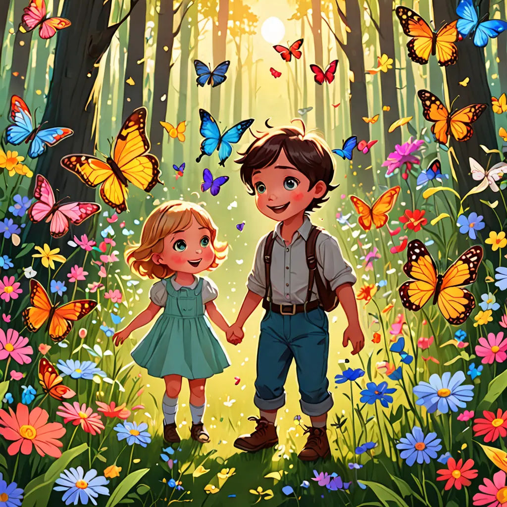 a boy and a girl are holding hands in a field of flowers and butterflies with a butterfly background and a sun shining through the trees, magic realism, a storybook illustration, Aaron Jasinski, storybook illustration
