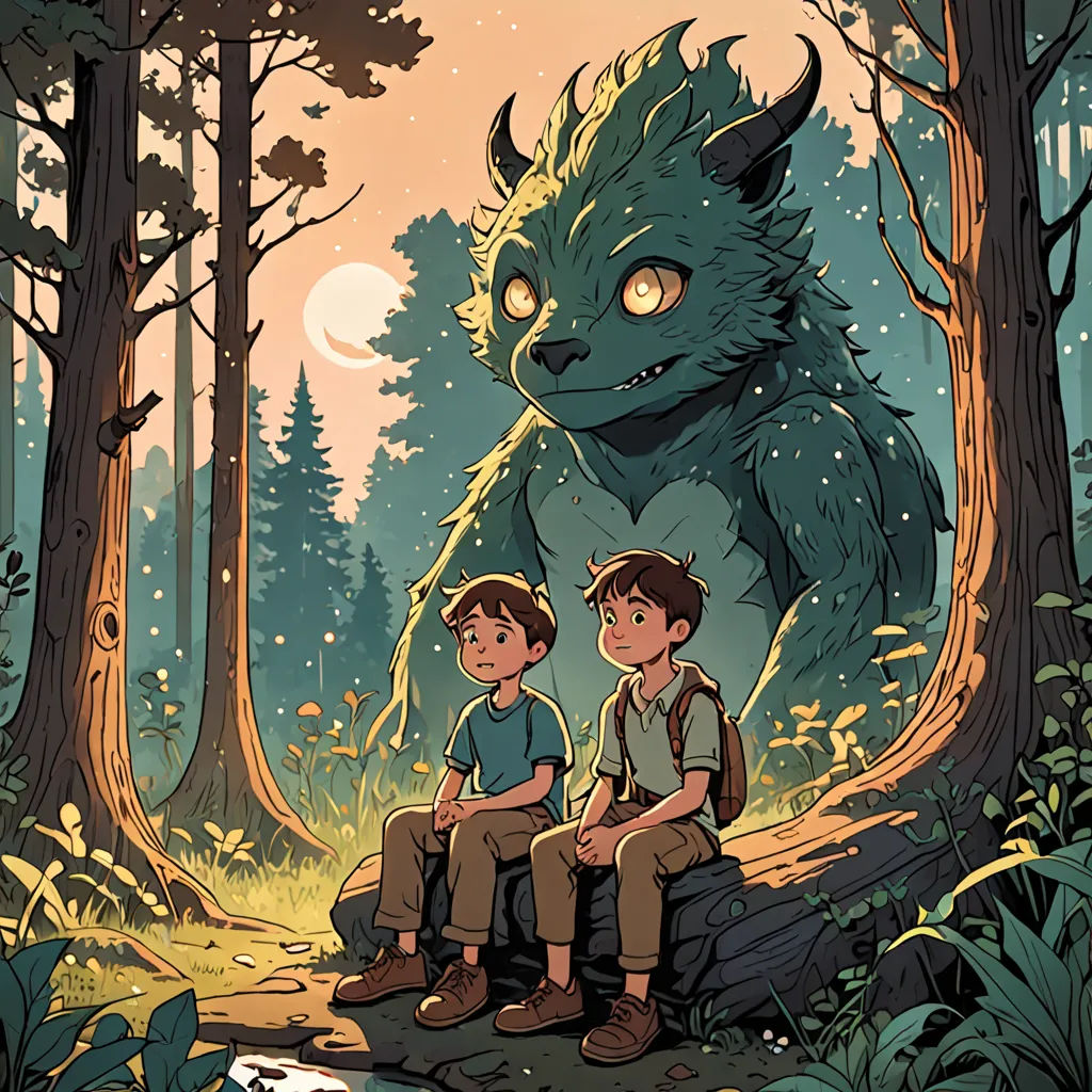 two boys sitting on a log in the woods with a monster in the background and a man sitting on the log, fantasy art, a storybook illustration, Diego Gisbert Llorens, rossdraws global illumination