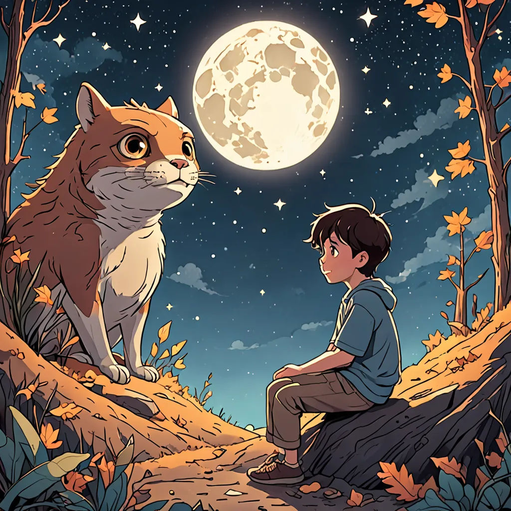 a boy sitting on a rock looking at a cat in the night sky with a full moon in the background, space art, a storybook illustration, Diego Gisbert Llorens, comic cover art