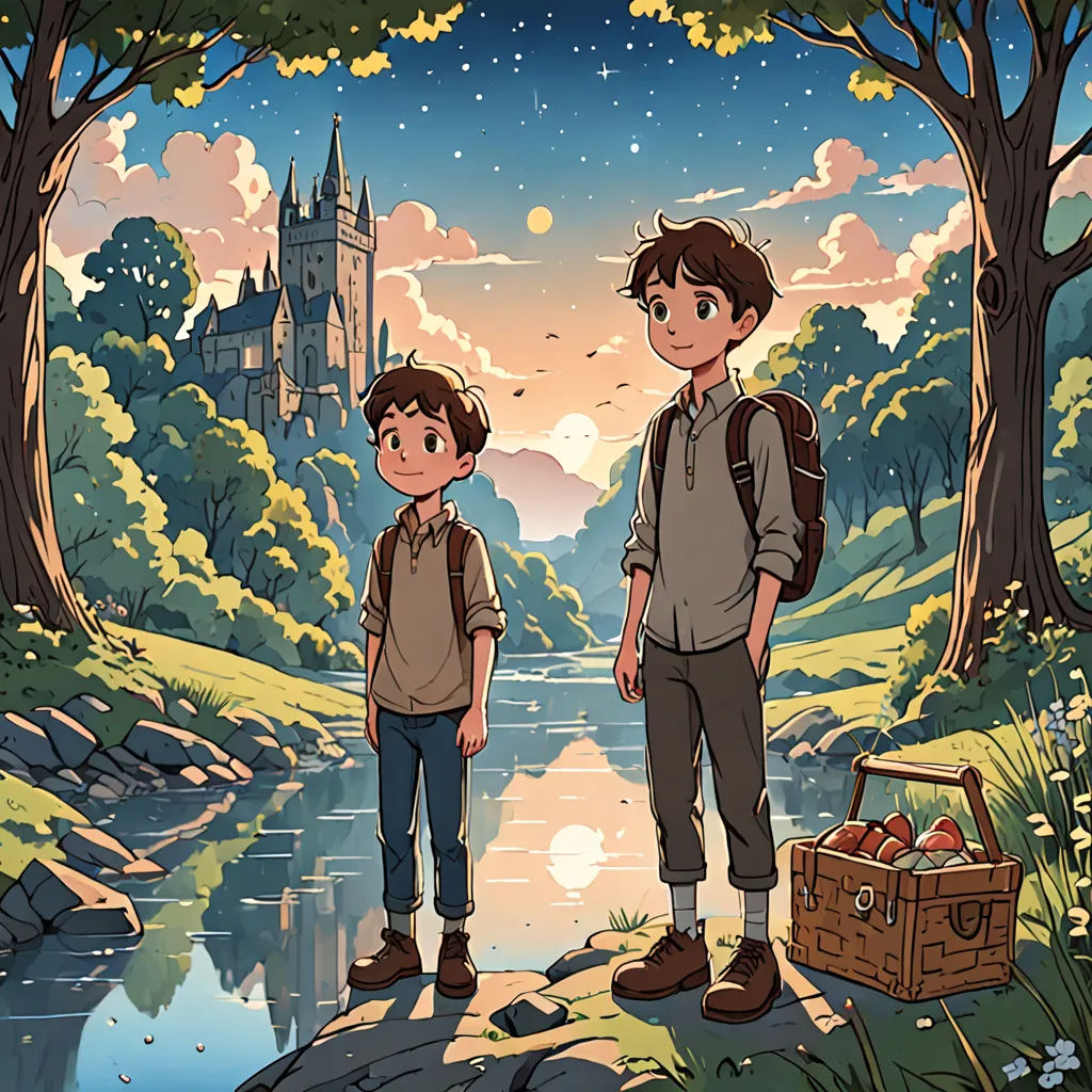 two boys standing in front of a river with a castle in the background and a basket of apples in the foreground, fantasy art, a storybook illustration, Diego Gisbert Llorens, official art