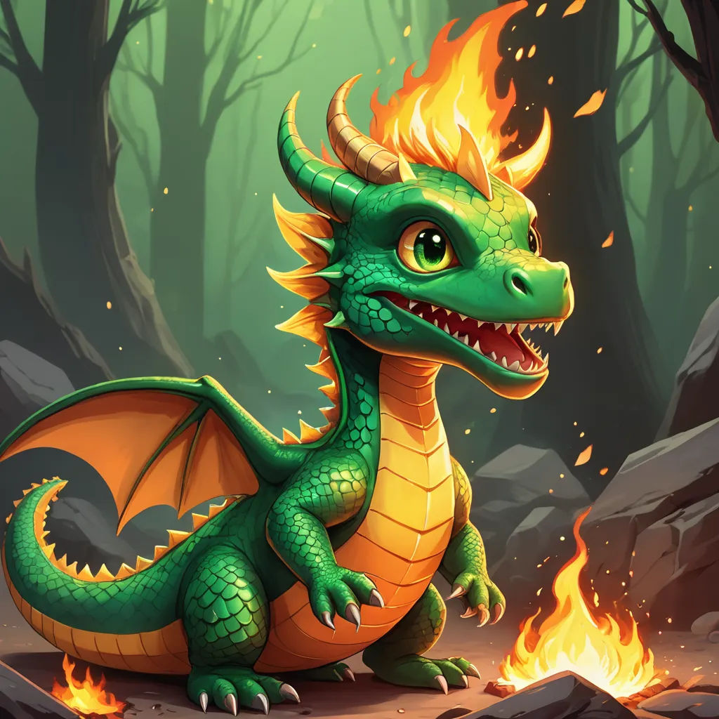 a green dragon sitting in the middle of a forest with a fire in its mouth and a flame coming out of its mouth, fantasy art, concept art, Chris LaBrooy, dragon art