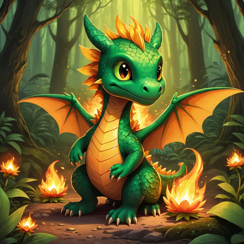 a green dragon sitting in the middle of a forest with fire coming from its wings and glowing eyes,, fantasy art, concept art, Chris LaBrooy, dragon art