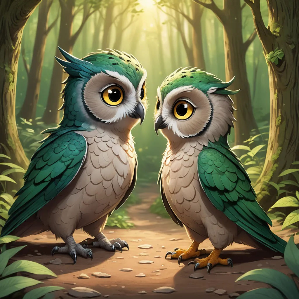 two owls standing on a path in a forest with sunlight shining through the trees and leaves on the ground, fantasy art, concept art, Chris LaBrooy, game art