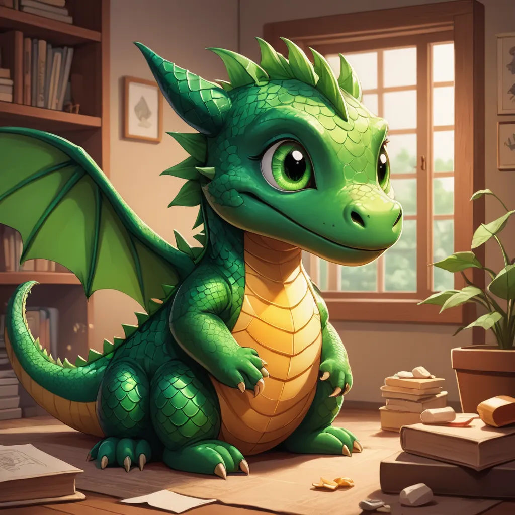 a green dragon sitting on a table next to a potted plant and bookshelf in a room, sots art, a storybook illustration, Clint Cearley, dragon art
