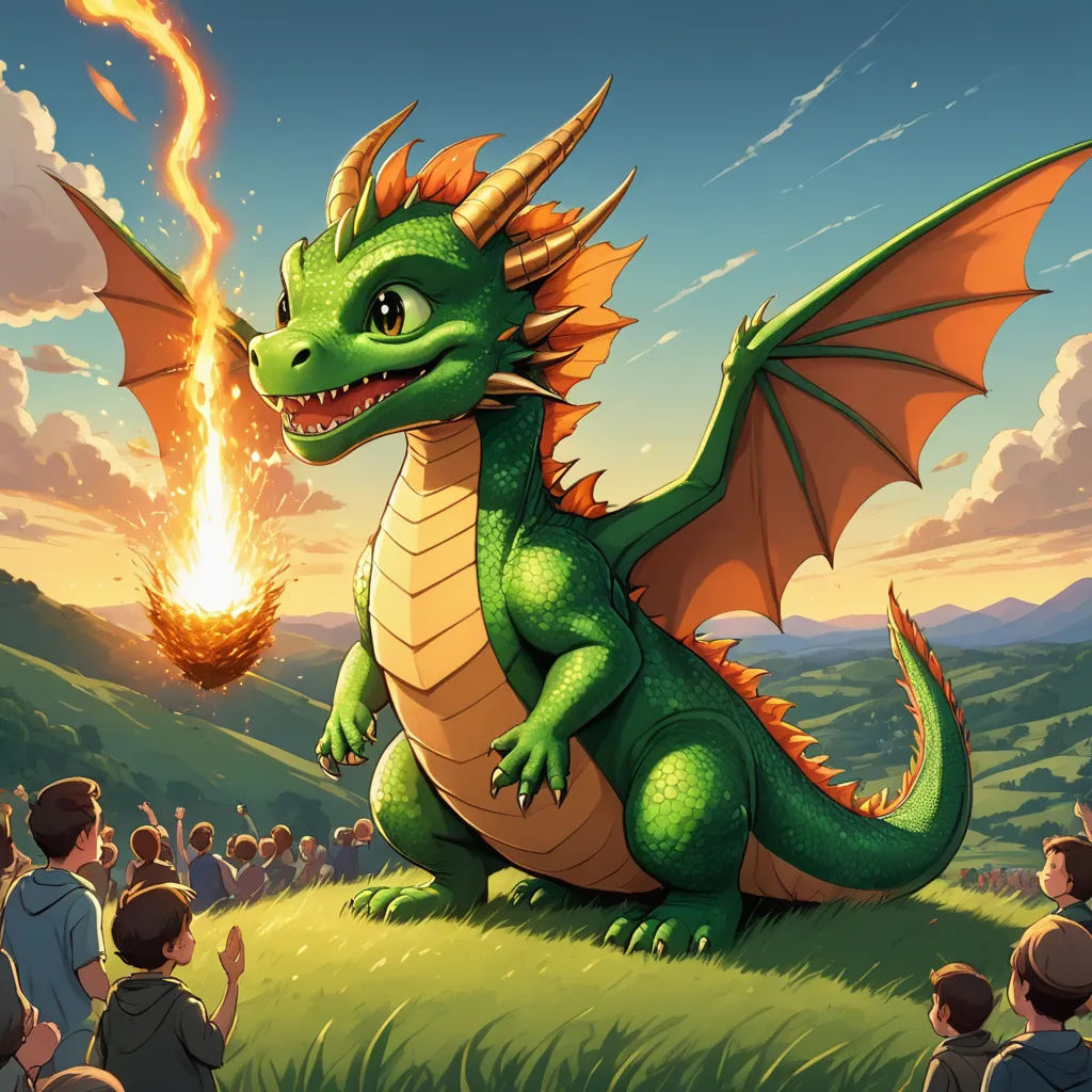 a cartoon of a dragon with a flame coming out of its mouth and people watching it from a hill, fantasy art, a storybook illustration, Chris LaBrooy, dragon art