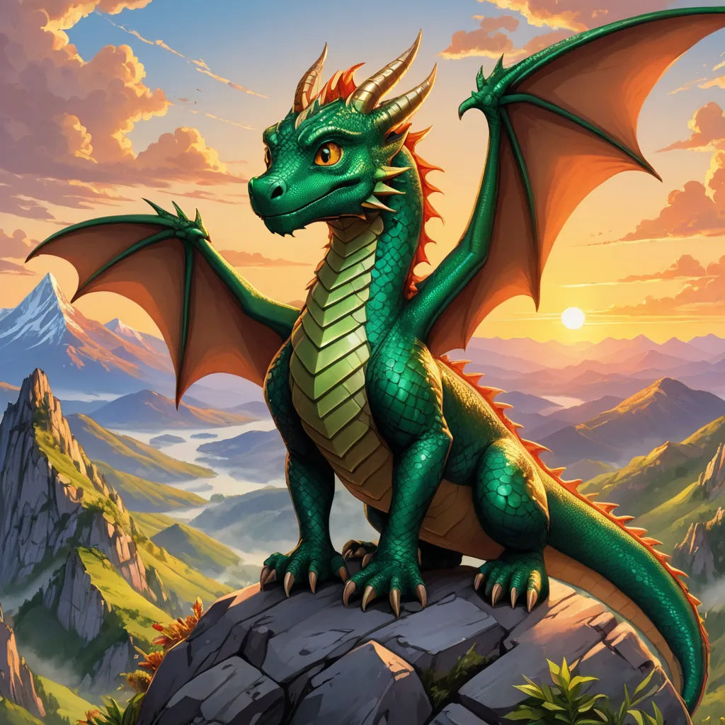 a green dragon sitting on top of a rock in the mountains at sunset with a mountain range in the background, fantasy art, concept art, Anne Stokes, dragon art