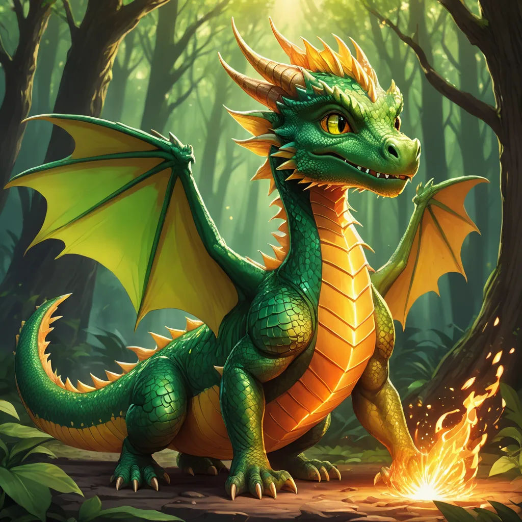 a green dragon sitting in the middle of a forest with a fire coming out of its mouth and glowing eyes, fantasy art, concept art, Brom, dragon art