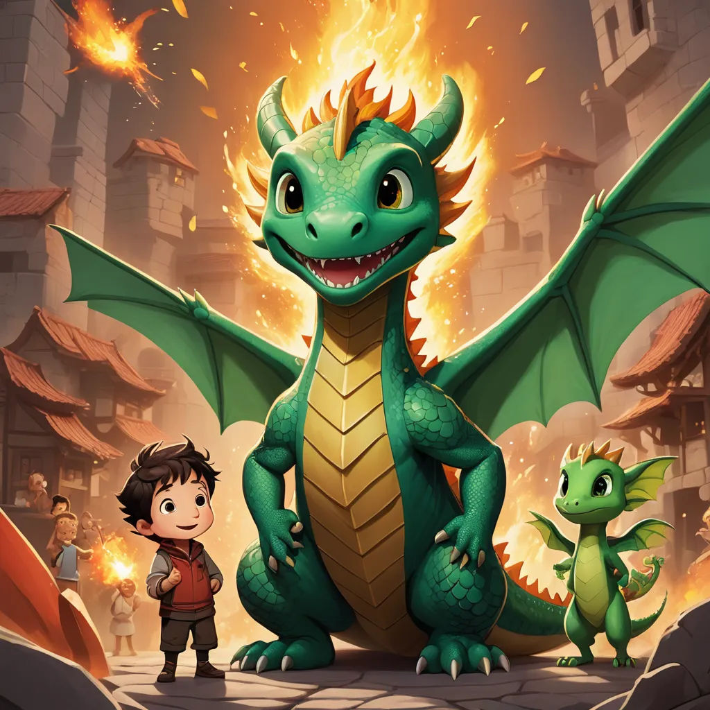 a boy and a dragon in a cartoon scene with a fire breathing dragon in the background and a man standing next to them, sots art, concept art, Diego Gisbert Llorens, key art