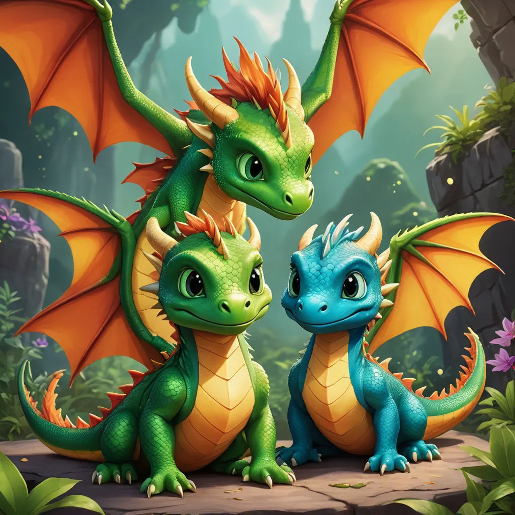 a couple of green and orange dragon standing next to each other on a rock in a forest area with flowers, sots art, concept art, Chris LaBrooy, dragon art
