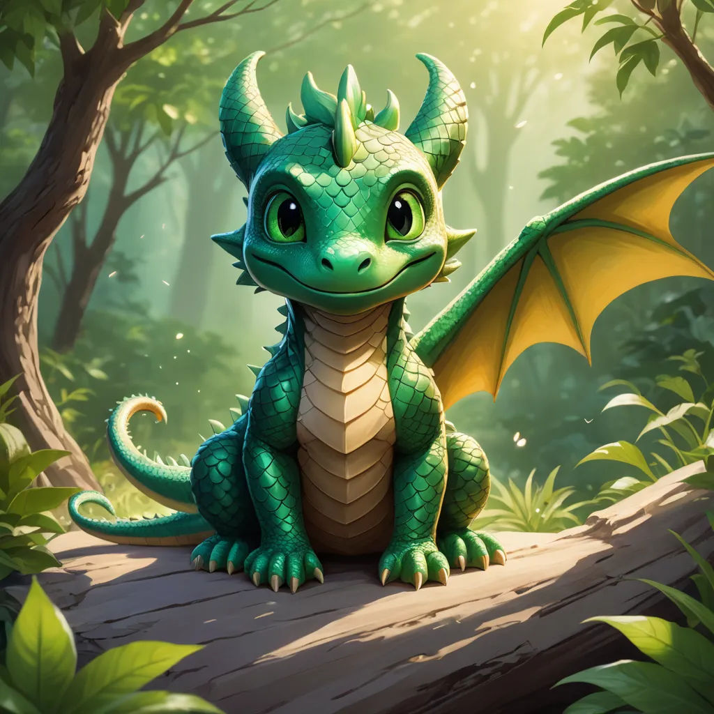 a green dragon sitting on a log in a forest with trees and bushes around it, with a yellow wings, sots art, concept art, Clint Cearley, dragon art