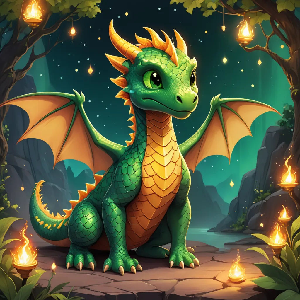 a green dragon sitting on a rock in a forest with a lantern in its mouth and glowing eyes on a dark night, fantasy art, concept art, Anne Stokes, dragon art