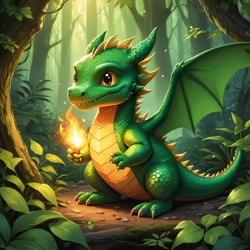 a green dragon sitting in the middle of a forest holding a lit candle in its hand and a glowing flame in its mouth, sots art, concept art, Chris LaBrooy, dragon art
