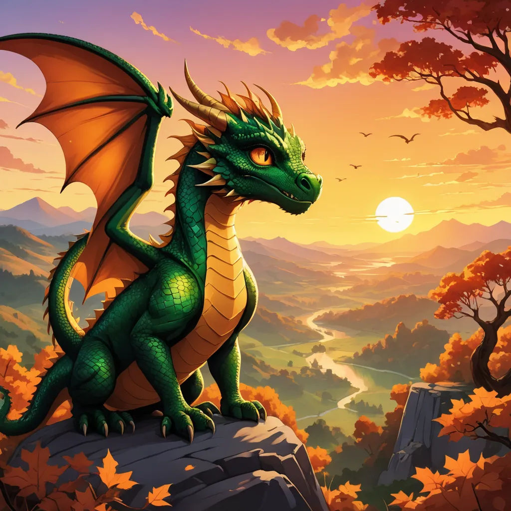 a green dragon sitting on a rock in the forest at sunset with a mountain and trees in the background, fantasy art, a storybook illustration, Diego Gisbert Llorens, dragon art