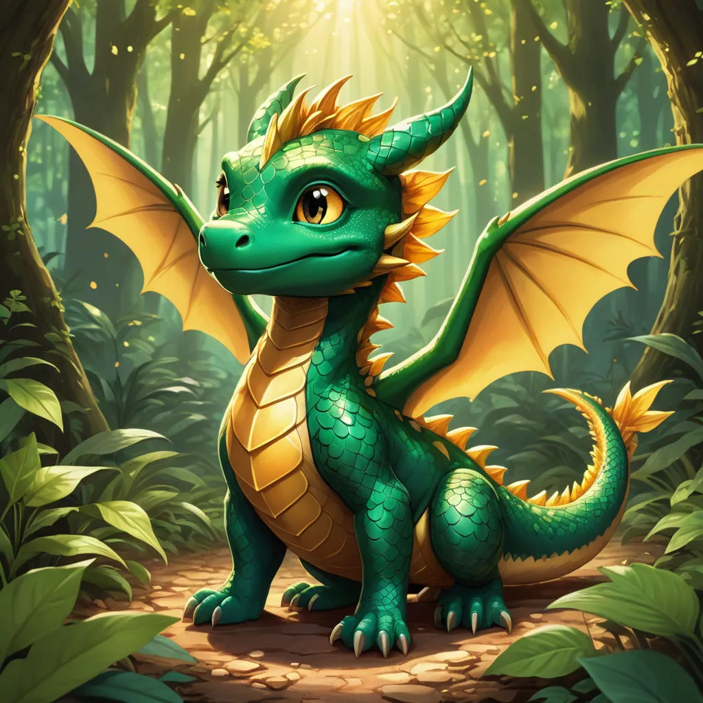 a green dragon sitting in the middle of a forest with a bright light shining on it's head, sots art, concept art, Chris LaBrooy, dragon art