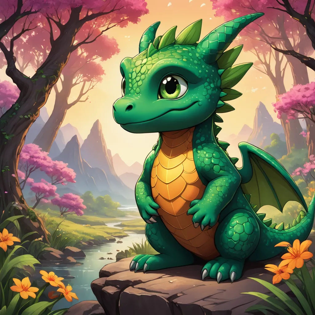a green dragon sitting on a rock in a forest with flowers and trees around it, with a stream running through the forest, sots art, concept art, Chris LaBrooy, dragon art