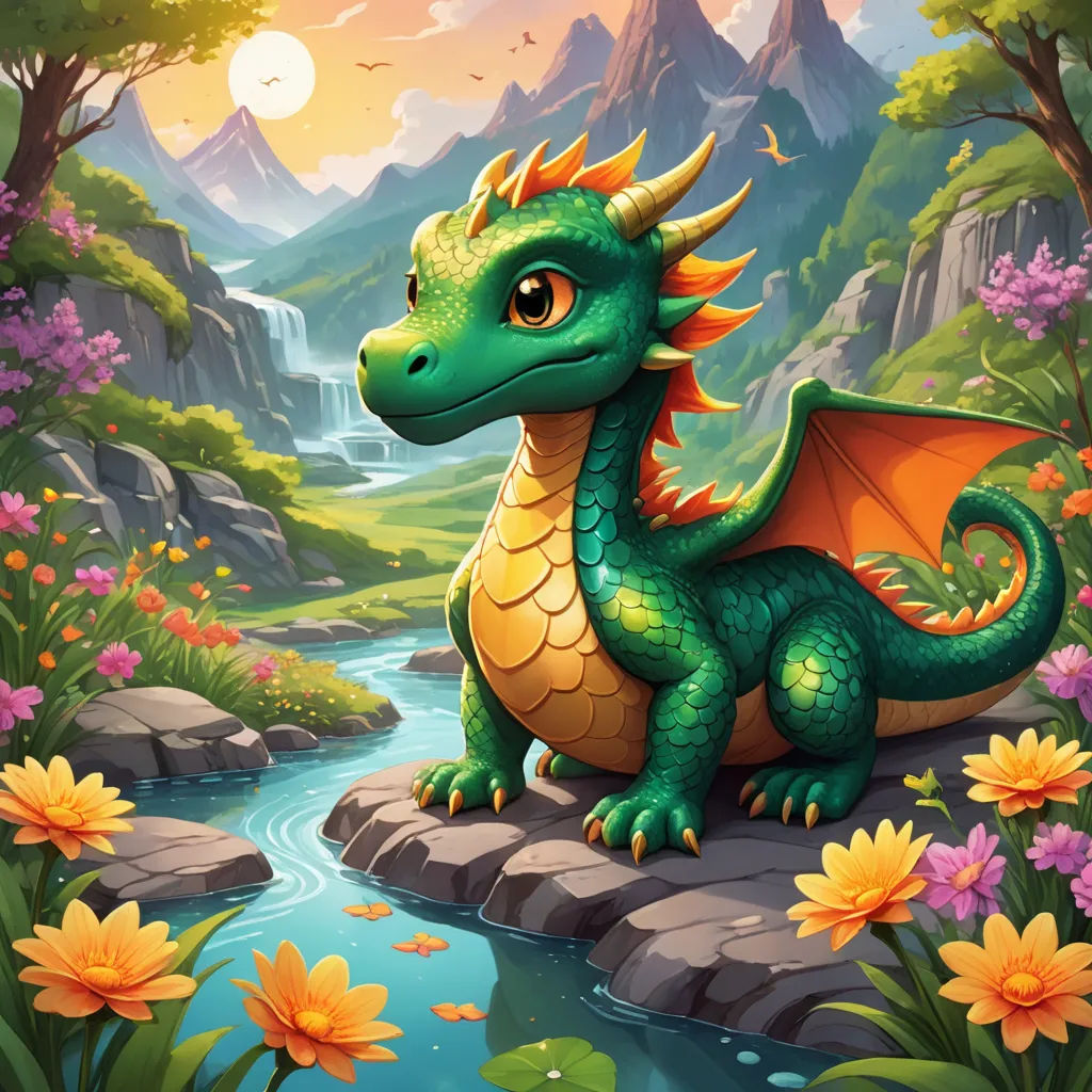 a green dragon sitting on a rock by a stream of water and flowers in the background of a mountain landscape, fantasy art, a storybook illustration, Chris LaBrooy, dragon art